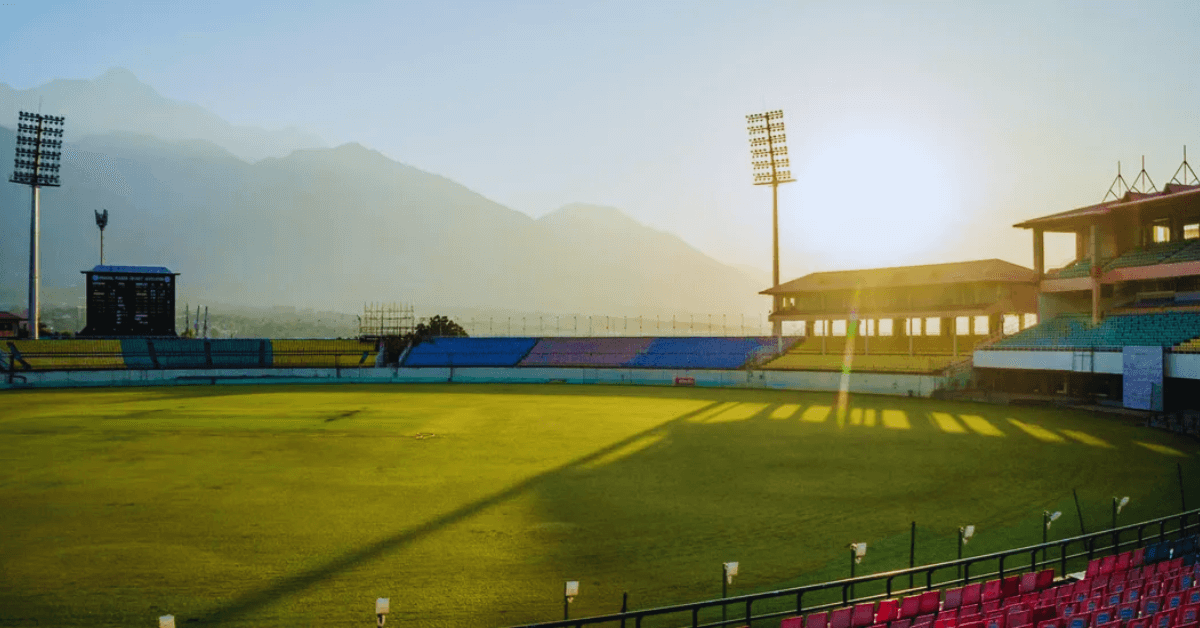 A breathtaking view of the HPCA Stadium, Dharamshala, with the majestic Dhauladhar mountains in the backdrop—where cricket meets the clouds.